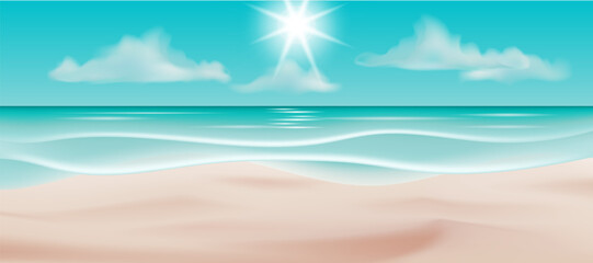 Fototapeta na wymiar Vector illustration of a beautiful tropical seascape with a white sandy beach, blue ocean, and a clear sky. Perfect for travel and vacation designs, wallpapers, and backdrops for parties and events