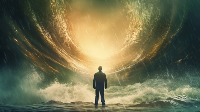 A man standing in front of a wave that has a dark blue circle with a spiral in the middle.