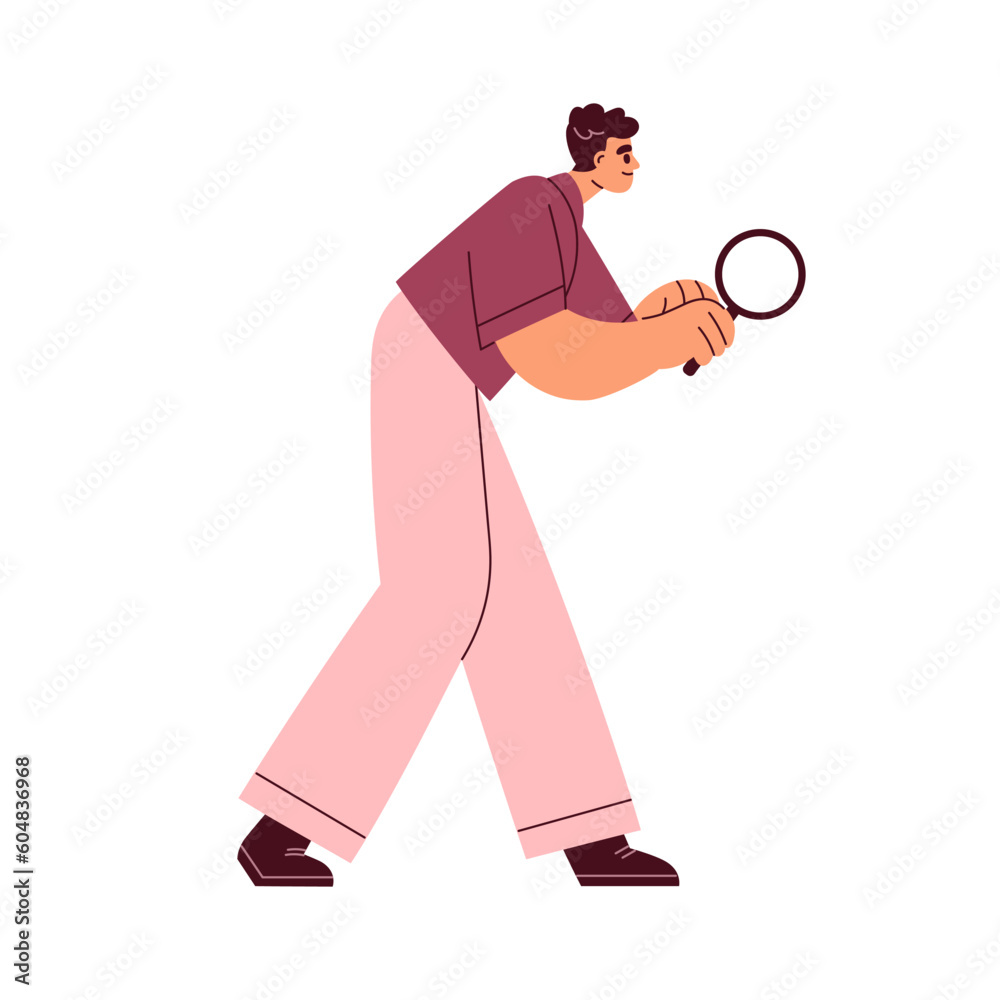 Poster person searching, analyzing, examining with magnifying glass. research, inspection concept. man expl