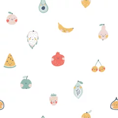 Rolgordijnen Tropical fruit seamless pattern. Vector cartoon minimalistic background with cute smiling fruit characters in simple hand drawn style. Pastel colors on a white background for kids. © Світлана Харчук