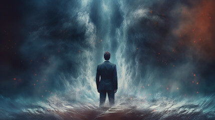 A man standing in front of a wave that has a dark blue circle with a spiral in the middle.