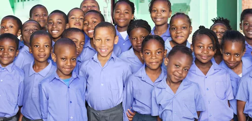 Fotobehang Lengtemeter Students smiling together in classroom