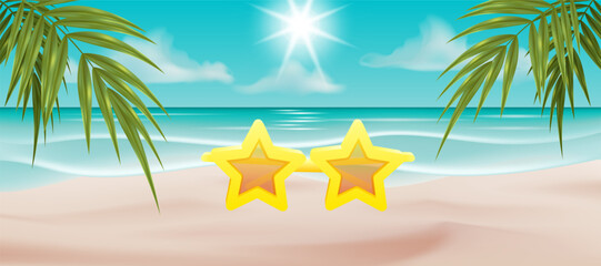 Fototapeta na wymiar Vector illustration of trendy cartoon 3d star shaped sunglasses on the sand with a palm tree leaves and blue ocean background. Perfect for summer designs, posters, and fashion accessories.
