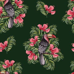 Watercolor Hand Drawn Viva Magenta Tropical Seamless Pattern. Toucan with Flowers on the branch. Tropic Flowers, Hibiscus, Monstera, Banana Palm Leaf on Green Background