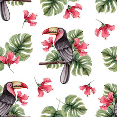 Watercolor Hand Drawn Viva Magenta Tropical Seamless Pattern. Toucan with Flowers on the branch. Tropic Flowers, Hibiscus, Monstera, Banana Palm Leaf on White Background