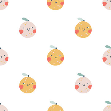 Peach, pink orange character seamless pattern with smiley face. Hand-drawn cartoon doodle in simple naive style. Vector illustrations in a pastel palette for kids. cute fruit on a white background.