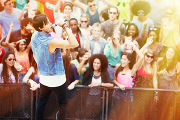 Fans cheering for singer performing on stage at music festival