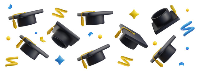Fototapeta na wymiar Set of flying graduation caps and confetti, 3d vector illustration isolated on white background.