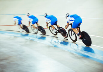 Track cycling team riding around velodrome - obrazy, fototapety, plakaty