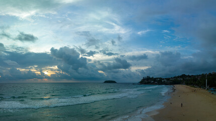 aerial view scene romantic sunset at Kata Noi beach Phuket. .abstract colorful clouds Sky texture in nature background..Sunset with bright colorful light rays and other atmospheric effects..