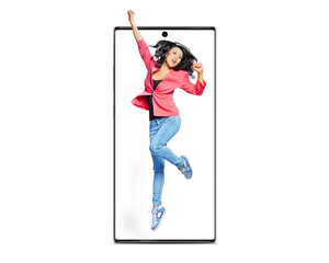 positive young women jumping from the smartphone display in air isolated on free PNG backgrounds. Success WIN Concept. Art collage.