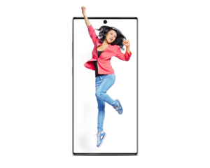 positive young women jumping from the smartphone display in air isolated on free PNG backgrounds. Success WIN Concept. Art collage.