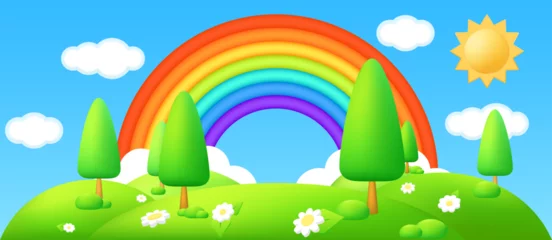 3D plastic vector illustration of a beautiful countryside landscape with green hills, sun, flowers, and a rainbow in the sky. Perfect for children's designs, banners, and templates. Cartoon meadow.