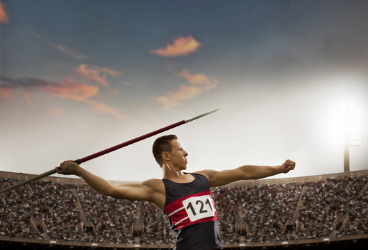 Track and field athlete throwing javelin