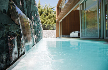 Waterfall emptying into pool of modern house