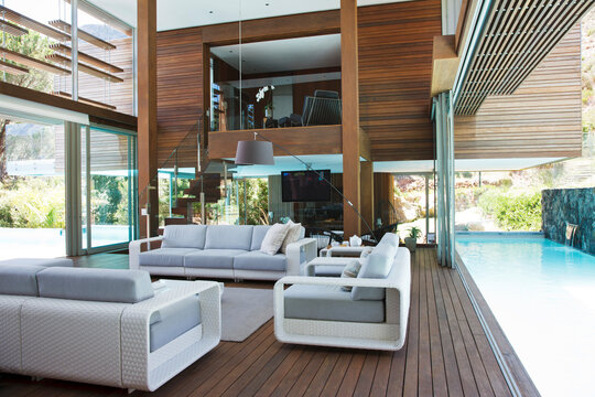 Lap pool alongside modern living room
