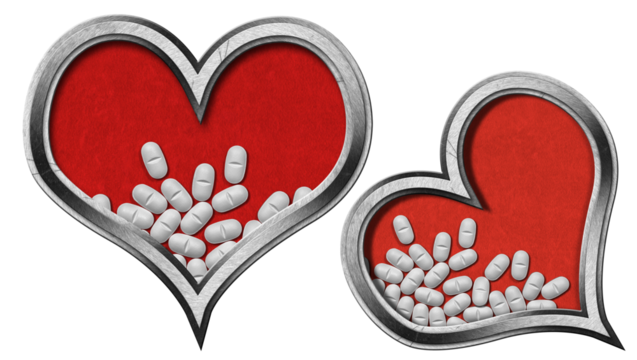 Two hearts with metal frame and white pills on a red velvet background with copy space, Isolated on white or transparent background. 3D illustration and photography. Png.