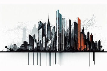 Monochrome cityscape architectural panorama in flat style