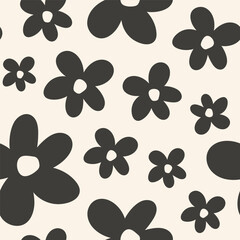 Fototapeta premium Seamless pattern with retro black flowers and beige background