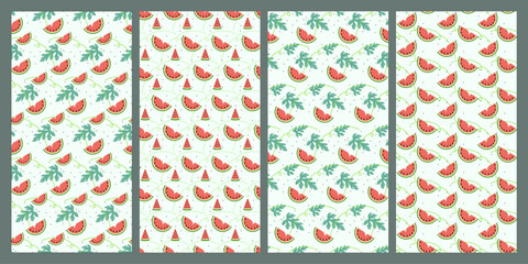 Set of watermelon and leaf seamless pattern. Fruit pattern. Summer pattern. Patterns for textiles or for covers. Wallpapers.