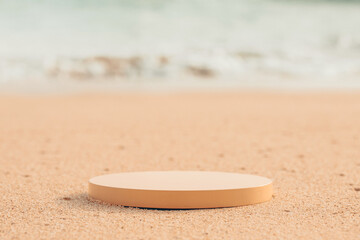 Fototapeta na wymiar Beige platform on the beach for standing product against the ocean background