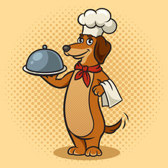 Dog chef cartoon character pinup pop art retro raster illustration. Comic book style imitation.