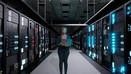 IT technician checking big data on laptop, working in server room with cloud computing and hardware service. Female administrator processing research information in database center.