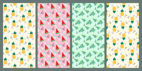 Set of watermelon and pineapple seamless pattern. Fruit pattern. Summer pattern. Patterns for textiles or for covers. Wallpapers.