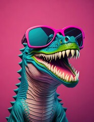 Portrait of a fun fashion dinosaur in neon light in pink magenta and cyan blue tones. Futuristic, cyberpunk or hipster in fluorescent sunglasses. generative ai