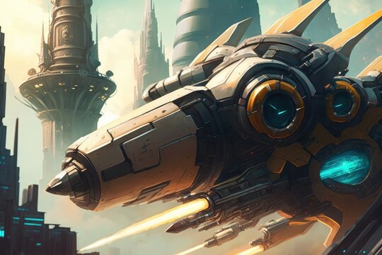 alien blaster with view of futuristic cityscape, complete with towering buildings and flying vehicles, created with generative ai