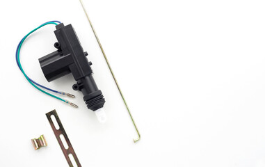 Car door central lock mechanism isolated on white background, top view with copy space