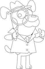 Outlined Detective Dog Cartoon Character Holding A Magnifying Glass. Vector Hand Drawn Illustration Isolated On Transparent Background