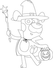 Outlined Halloween Costumed Dog Cartoon Character With Magic Wand And Pumpkin Bag. Vector Hand Drawn Illustration Isolated On Transparent Background