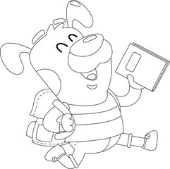 Outlined Happy Dog Cartoon Character Goes To School With A Backpack And A Textbook. Vector Hand Drawn Illustration Isolated On Transparent Background