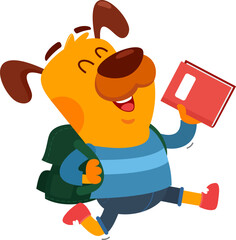 Happy Dog Cartoon Character Goes To School With A Backpack And A Textbook. Vector Illustration Flat Design Isolated On Transparent Background