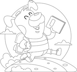 Outlined Cute Dog Cartoon Character Goes To School With A Backpack And A Textbook. Vector Hand Drawn Illustration Isolated On Transparent Background