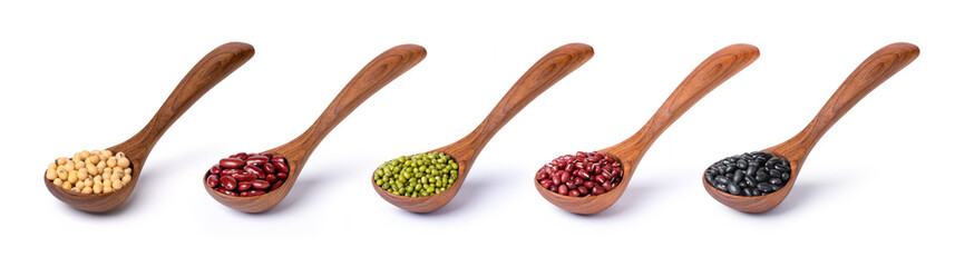 Collection of mix bean (soybeans, red kidney, green mung bean, black bean, azuki bean) in wooden spoon isolated on white background.