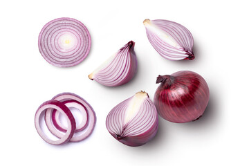 Fresh red onion and cut in half sliced isolated on white background, top view, flat lay. - obrazy, fototapety, plakaty