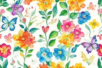 Abstract watercolor pattern with flowers and butterflies. Background wallpaper. generative ai