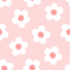 Pink seamless pattern with white Sakura flowers. Spring print with cute cherry blossoms 