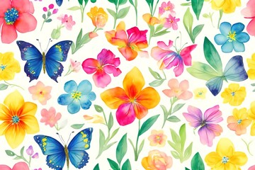Fototapeta na wymiar Abstract watercolor pattern with flowers and butterflies. Background wallpaper. generative ai