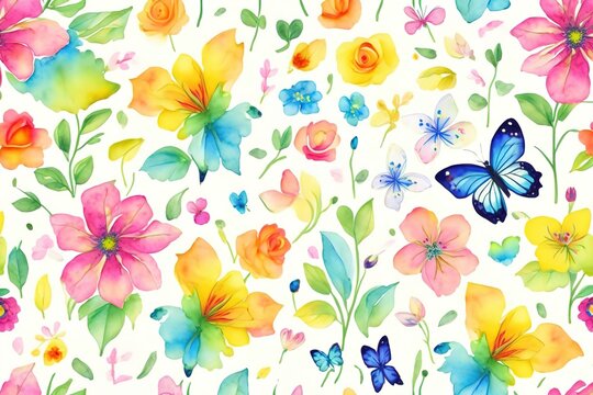 Abstract watercolor pattern with flowers and butterflies. Background wallpaper. generative ai