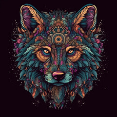 Illustration of a wolf's head with vibrant patterns and colors