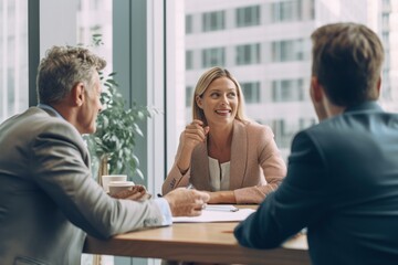 A financial advisor meeting with clients in an office, discussing finances, mortgages, and investing strategies. Reflects personal financial management and advisory services, generative ai