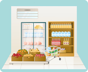Supermarket illustration. Shelf, fruits, vegetables, trolley, fridge. Editable vector graphic design.