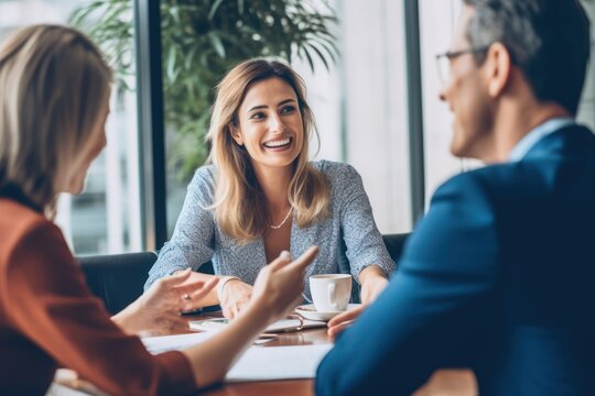 A financial advisor meeting with clients in an office, discussing finances, mortgages, and investing strategies. Reflects personal financial management and advisory services, generative ai