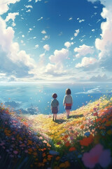 Fototapeta premium two cute children siblings watching a beautiful panorama at a lake with clouds and a field of flowers, anime artwork, generative ai technology
