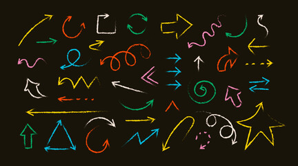 A set of abstract arrows drawn by hand. Brush stroke style. Colored lines in doodle style. Vector illustration. Isolated objects