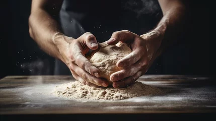 Fototapete Bäckerei A man kneading a dough on a wooden table., generative ai