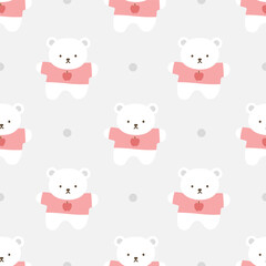 Teddy Bear Seamless Pattern Background, Happy cute bear with apple tshirt, Cartoon Panda Bears Vector illustration for kids soft background with dots